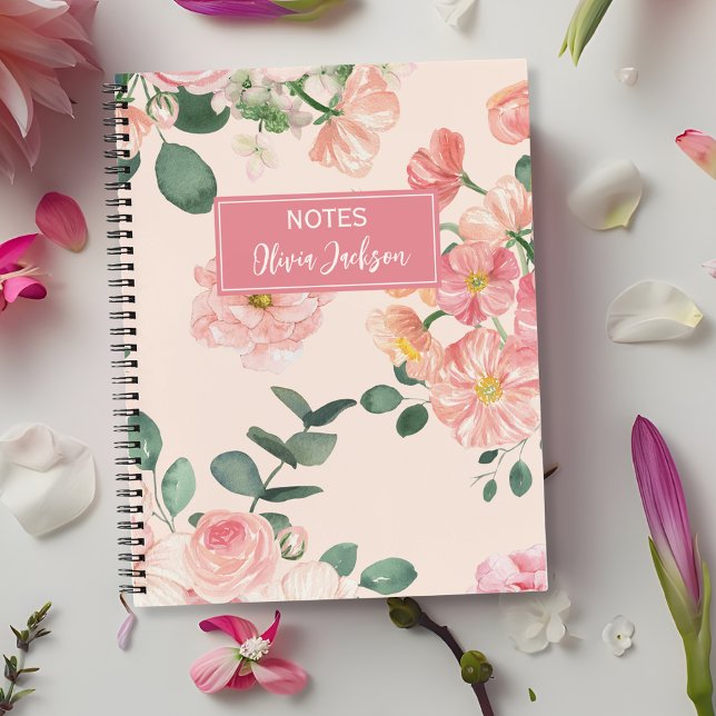 Pink Watercolor Floral Personalized Name Notizbuch (Von Creator hochgeladen)