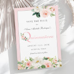 Pink Watercolor Floral Quinceañera Save the Date<br><div class="desc">Ein Save the Date für eine Quinceanera im wunderschönen femininen Stil mit dieser schönen Aquarellblüteneinladung in rot-rosa Pastellfarben. Das Wort "Quinceanera" ist in Pastellrosa gehalten und mit einem Blumenstrauß und einer üppigen Vegetation geschmückt. Ein passender pastellrosa Rahmen umrahmt den Einladungstext wunderschön. Die in diesem Design verwendeten typischen Gesichtspflege tragen zur...</div>