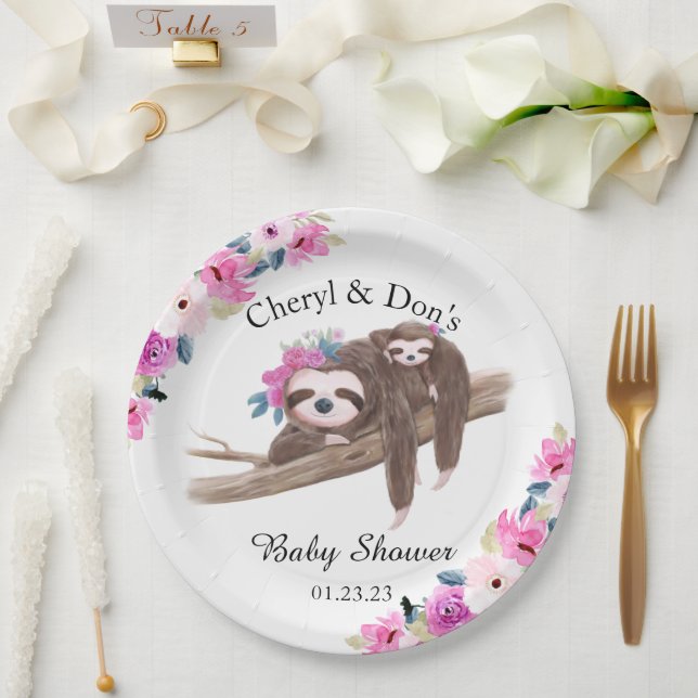 Pink Watercolor Floral Sloth Babydusche Pappteller (Hochzeit)
