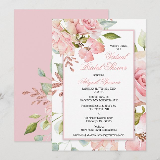 Pink Watercolor Floral Virtual Brautparty Invit Einladung (Vorne/Hinten)