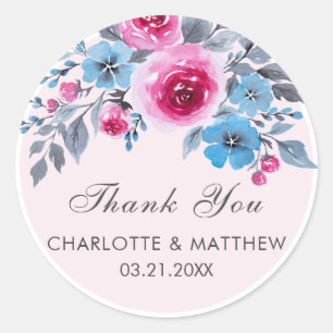 Pink Watercolor Floral Wedding Danke Runder Aufkleber