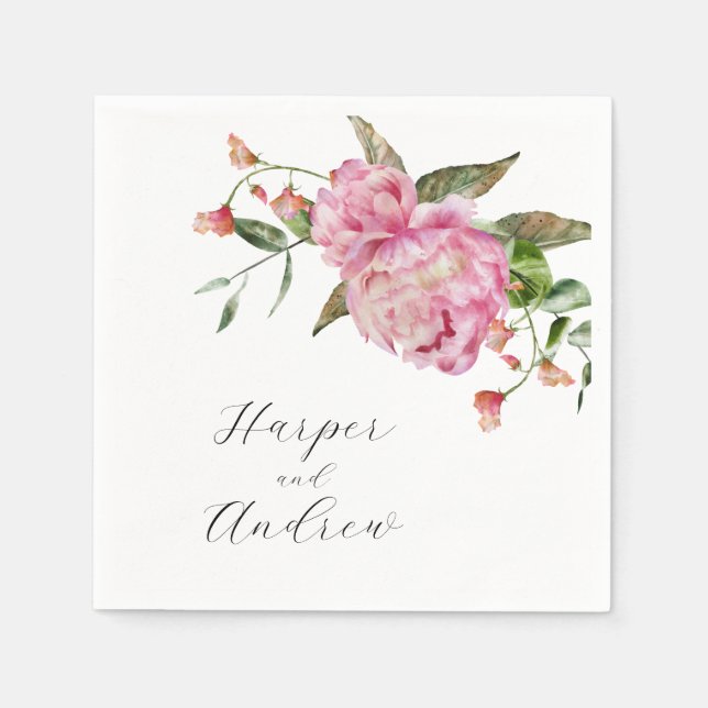Pink Watercolor Floral Wedding Serviette (Vorderseite)