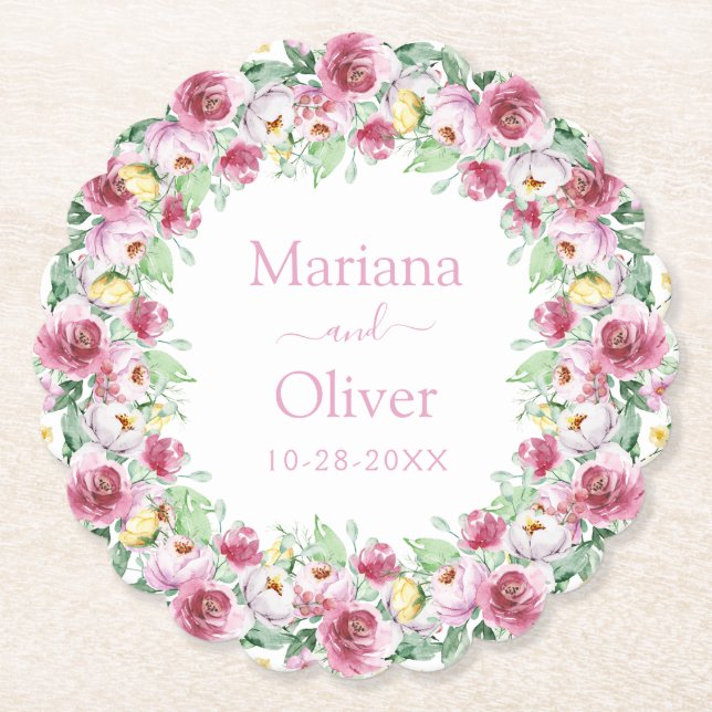 Pink Watercolor Floral Wedding Untersetzer (Vorderseite)