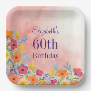 Pink Watercolor Florals 60. Geburtstag Papier Tell Pappteller