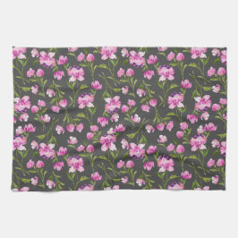 Pink Watercolor Florals on Gray Kitchen Handtuch