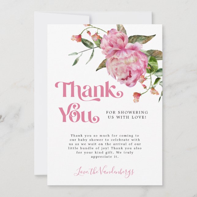 Pink Watercolor Flower Girl Babydusche Dankeskarte (Vorderseite)