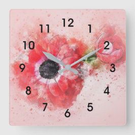 Pink Watercolor Flower w/Flower Bud Quadratische Wanduhr