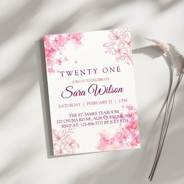 Pink Watercolor Flowers Twenty One Birthday Einladung (Von Creator hochgeladen)