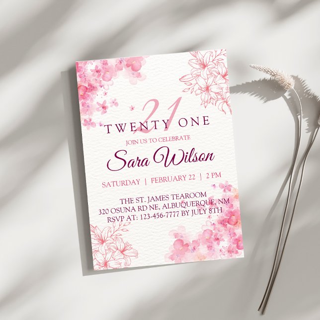 Pink Watercolor Flowers Twenty One Birthday Einladung (Von Creator hochgeladen)
