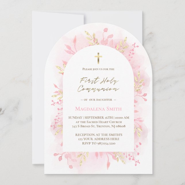 pink watercolor foliage First Holy Communion  Einladung (Vorderseite)