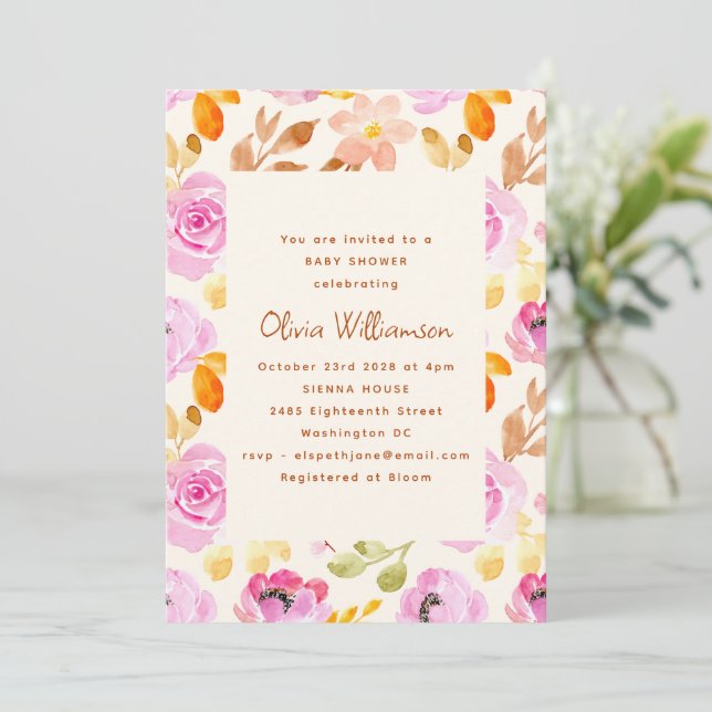 Pink Watercolor Garden Floral Baby Dusche Einladung (Stehend Vorderseite)