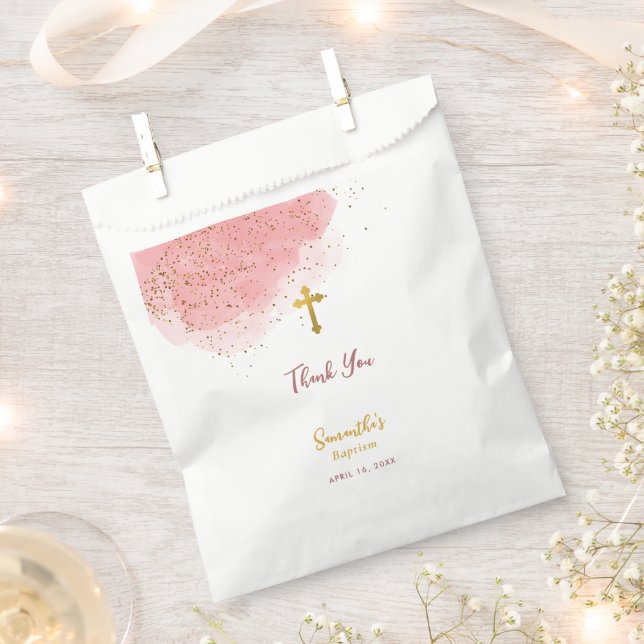 Pink Watercolor Glitzer Gold Cross Taufe Girl Geschenktütchen (Ausgeschnitten)