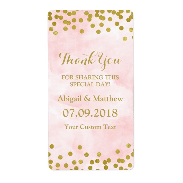 Pink Watercolor Gold Confetti Wedels Labels (Vorne)