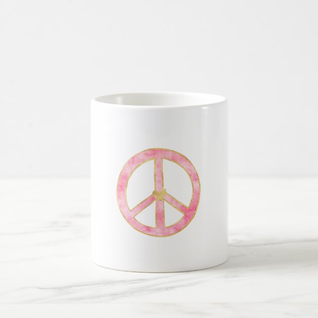 Pink Watercolor Gold Friedenszeichen Herz Kaffeetasse (Mittel)