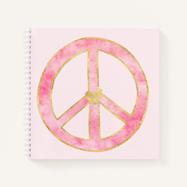 Pink Watercolor Gold Friedenszeichen Herz Notizbuch (Vorderseite)