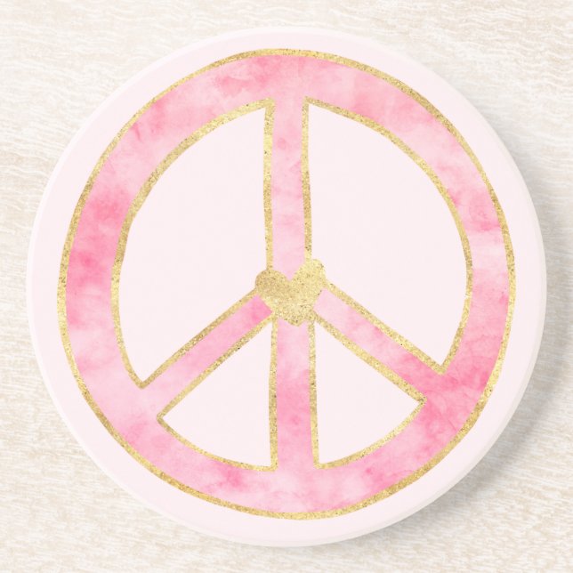 Pink Watercolor Gold Friedenszeichen Herz Untersetzer (Vorne)