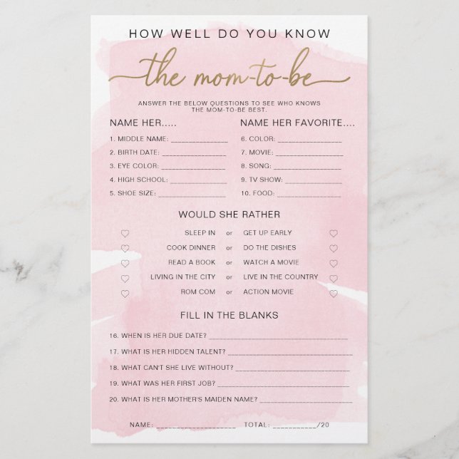 Pink Watercolor Gold Know The Mama to be Game (Vorderseite)