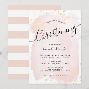 Pink Watercolor Gold Spritzer Girl Christening Einladung