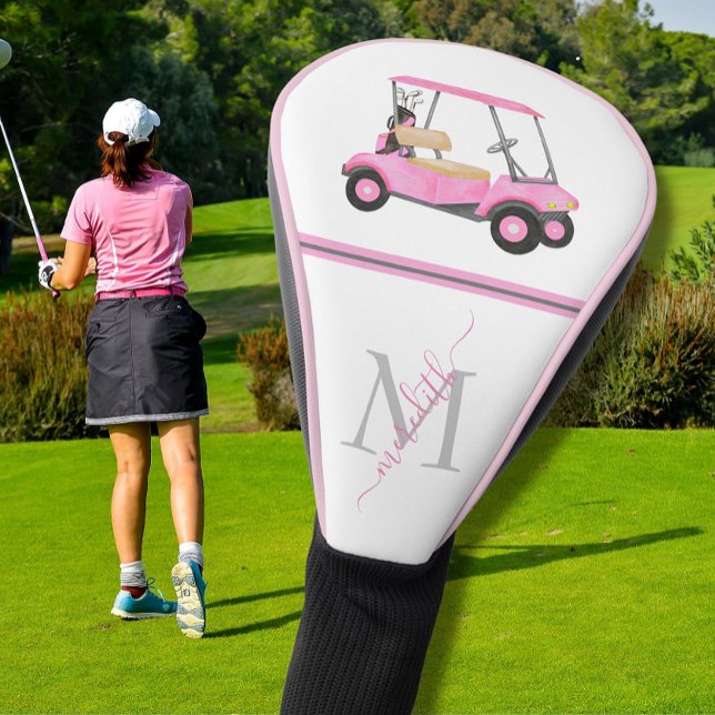 Pink Watercolor Golf Cart Name Monogram Headcover (Von Creator hochgeladen)