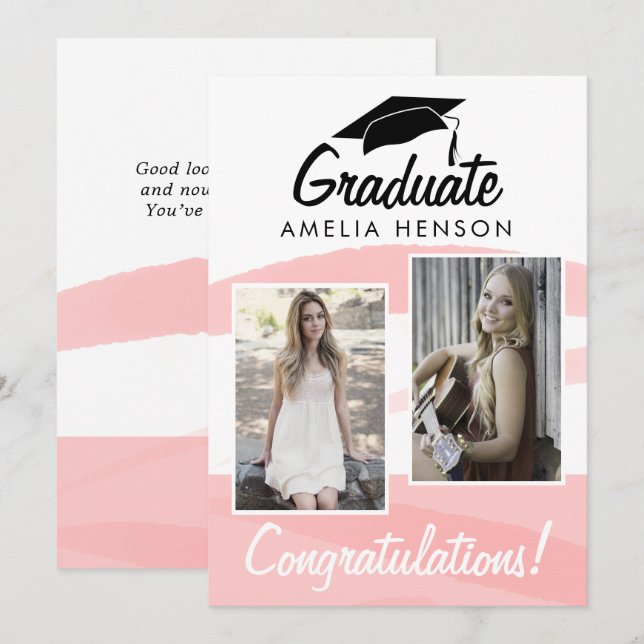 Pink Watercolor Graduate Herzlichen Glückwunsch 2  Karte (Vorne/Hinten)