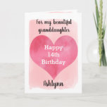 Pink Watercolor Happy 14th Birthday Granddaughter Karte<br><div class="desc">A pretty watercolor 14th birthday card for girls that feature a watercolor heart against a pretty pink watercolor, which you can personalize underneath the heart with her name. The inside of this pretty birthday card reads a birthday gefühle, which can be easily personalized. The back feys the same heart along...</div>
