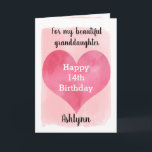 Pink Watercolor Happy 14th Birthday Granddaughter Karte<br><div class="desc">A pretty watercolor 14th birthday card for girls that feature a watercolor heart against a pretty pink watercolor, which you can personalize underneath the heart with her name. The inside of this pretty birthday card reads a birthday gefühle, which can be easily personalized. The back feys the same heart along...</div>