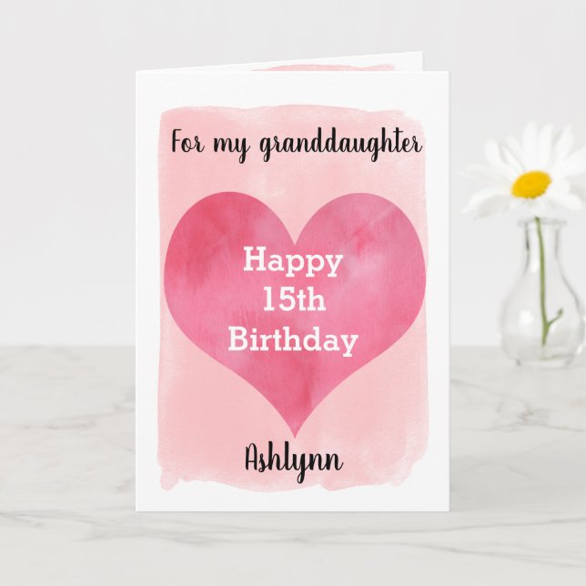 Pink Watercolor Heart 15th Birthday Granddaughter Karte (Kleine Pflanze)