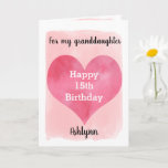 Pink Watercolor Heart 15th Birthday Granddaughter Karte<br><div class="desc">A watercolor pink heart 15th birthday card for granddaughter that features a heart against a pretty pink watercolor, which you can personalize underneath the heart with her name. The inside of this watercolors birthday card reads a sweet sentiment, which an be easily personalized. The back features the heart along with...</div>