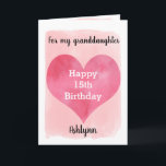 Pink Watercolor Heart 15th Birthday Granddaughter Karte<br><div class="desc">A watercolor pink heart 15th birthday card for granddaughter that features a heart against a pretty pink watercolor, which you can personalize underneath the heart with her name. The inside of this watercolors birthday card reads a sweet sentiment, which an be easily personalized. The back features the heart along with...</div>