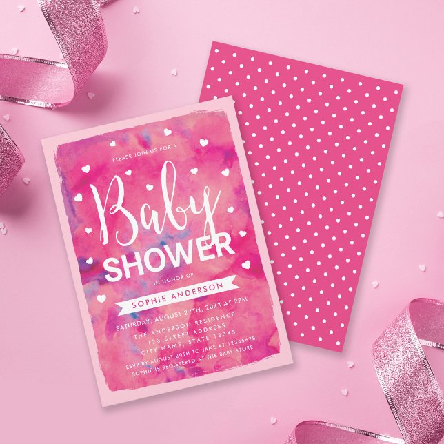 Pink Watercolor Hearts Baby shower Invitation (Créateur téléchargé)