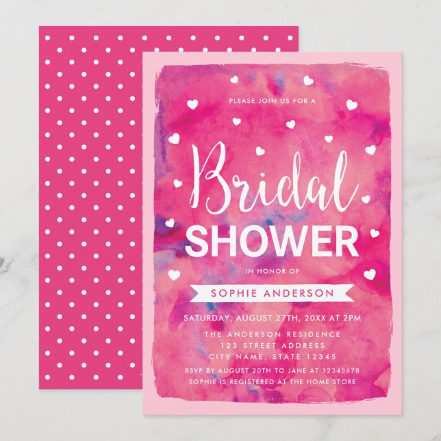 Pink Watercolor Hearts Bridal Dusche Einladung (Vorne/Hinten)