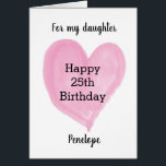 Pink Watercolor Herz 25. Geburtstag<br><div class="desc">Eine personalisierte 25. Geburtstagskarte für Tochter,  Enkelin,  Nichte,  etc. Die Vorderseite dieser minimalistischen 25. Geburtstagskarte für sie kann mit dem Namen des Geburtstagsempfängers personalisiert werden. Die Geburtstagsnachricht kann auch bearbeitet werden. Das würde einen wunderbaren Geburtstagskarte-Sake für ihren fünfundzwanzigsten Geburtstag machen.</div>