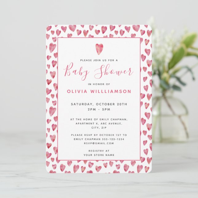 Pink Watercolor Herz Baby Dusche Einladung (Stehend Vorderseite)
