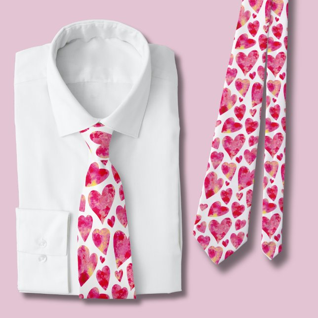 Pink Watercolor Herzmuster Krawatte (Bright pik love heart tie)