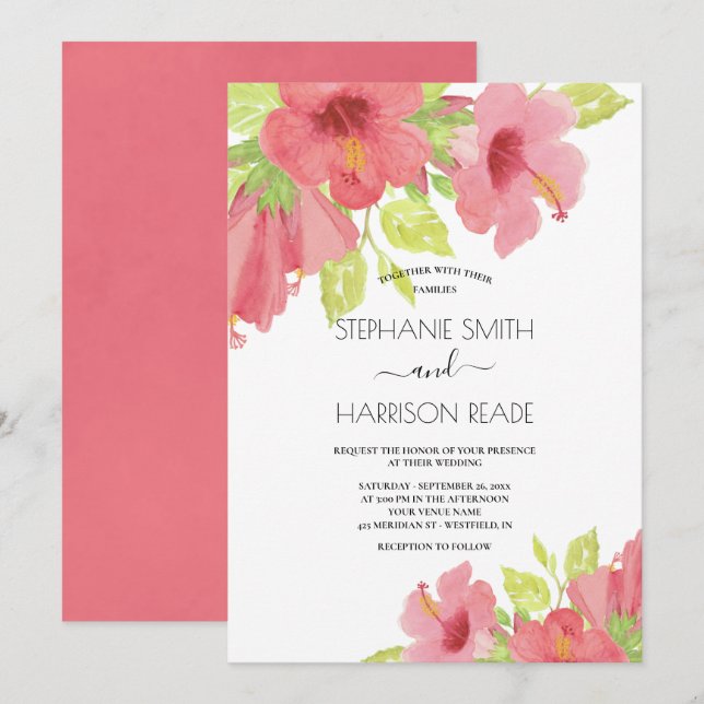 Pink Watercolor Hibiskus Blumenzehen Einladung (Vorne/Hinten)