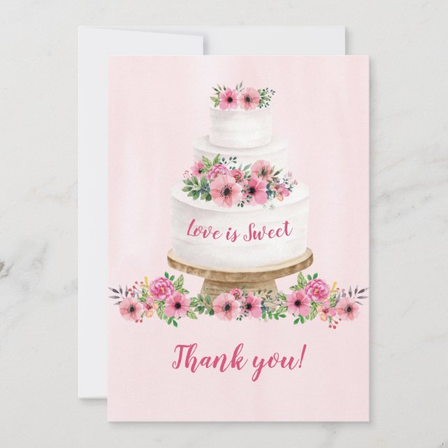 Pink Watercolor Hochzeitstorte Brautparty Dankeskarte (Vorderseite)