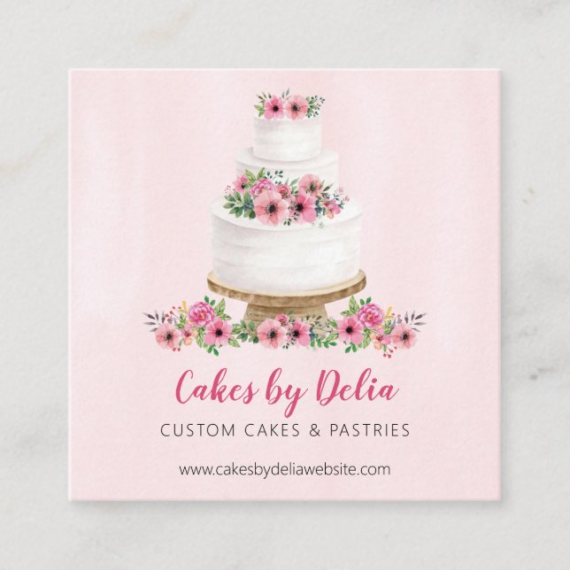 Pink Watercolor Hochzeitstorte Quadratische Visitenkarte (Vorderseite)
