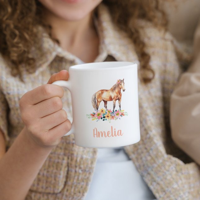 Pink Watercolor Horse Individuelle Name Kaffeetasse (Von Creator hochgeladen)