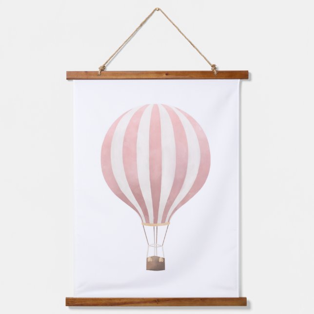 Pink Watercolor Hot Air Ballon Kinderzimmer Wandteppich Mit Holzrahmen (Vorderseite)