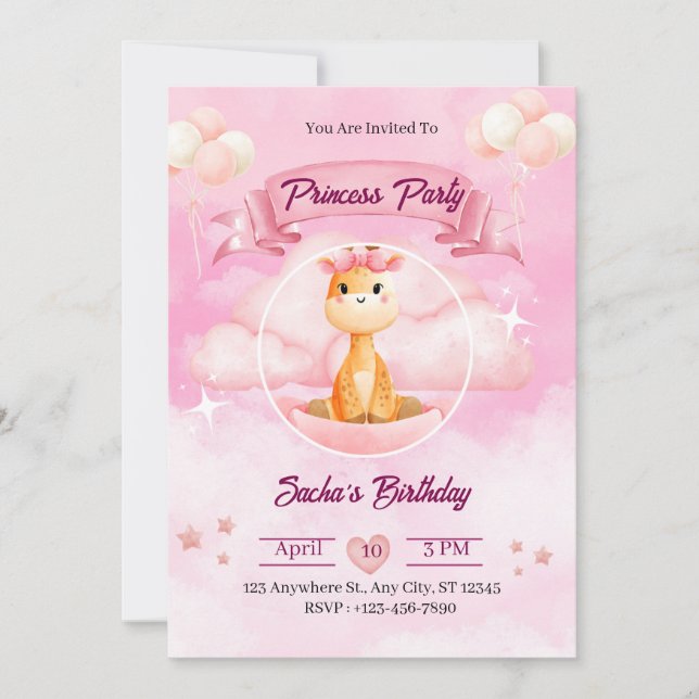 Pink Watercolor Illustrative Princess Einladung (Vorderseite)