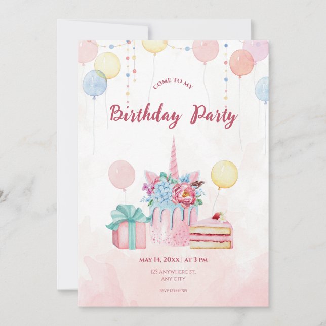 Pink Watercolor Invitation fête d'anniversaire (Devant)