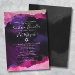 Pink Watercolor Jüdischer Bat Mitzvah Einladung<br><div class="desc">Diese elegante Bat Mitzvah-Einladung zeichnet sich durch einen schwarzen Hintergrund aus, mit rosa Imitaten und lila Aquarell- oder Alkoholfarbe, die oben und unten eingerahmt werden. Eine Mischung aus rosa Farbtönen von hellrosa bis scharf rosa. Das Design präsentiert eine Mischung aus Schriftzypografie und klassischen Serif-Schriftart und schafft so ein schlichtes und...</div>