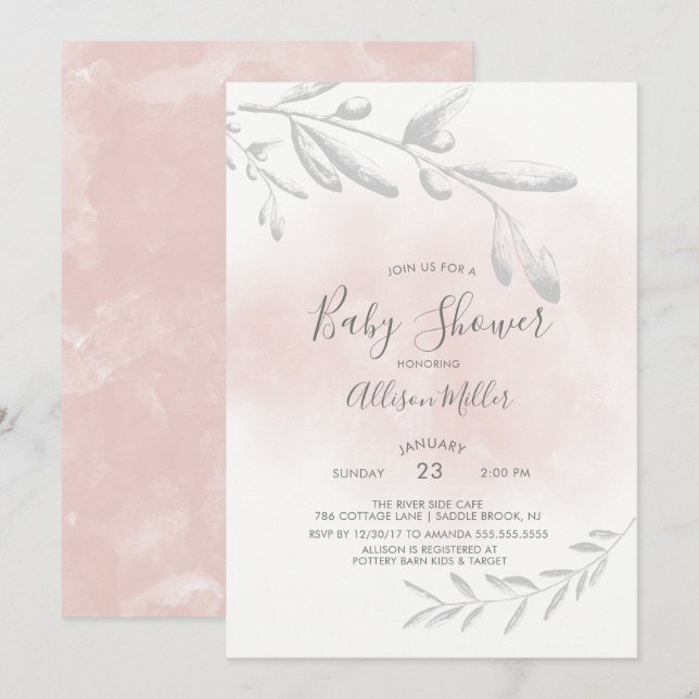 Pink Watercolor Kinderdusche Einladung (Vorne/Hinten)