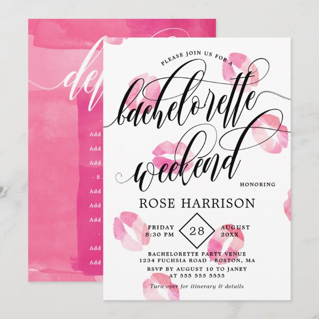 Pink Watercolor Kisses Bachelorette Wochenende Einladung (Vorne/Hinten)