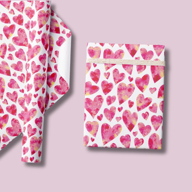 Pink Watercolor Liebe Herzmuster Geschenkpapier (Pink love heart wrapping paper  for Valentines Day, girls female birthday, wedding or engagement.)
