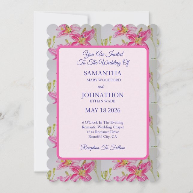 Pink Watercolor Lily Blume Hochzeit Einladung (Vorderseite)