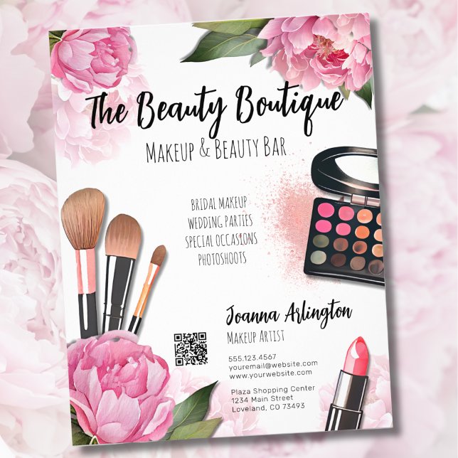 Pink Watercolor Makeup Artist Flyer (Pink Floral Watercolor Makeup Artist Flyer)