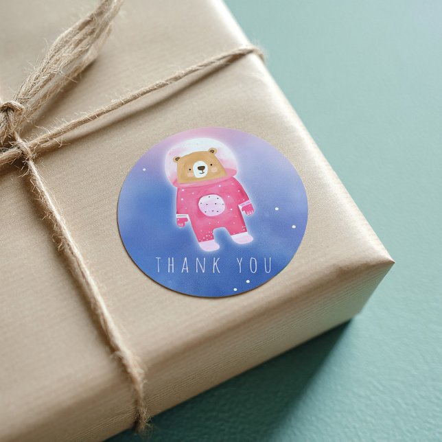 Pink Watercolor niedlich Bär Vielen Dank Quadratischer Aufkleber (Pink girl space bear thank you astronaut sticker)