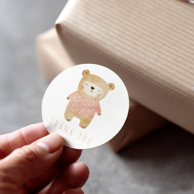 Pink Watercolor niedlich Bär Vielen Dank Runder Aufkleber (Pink sleepy bear, cute thank you sticker for gifts and favors)