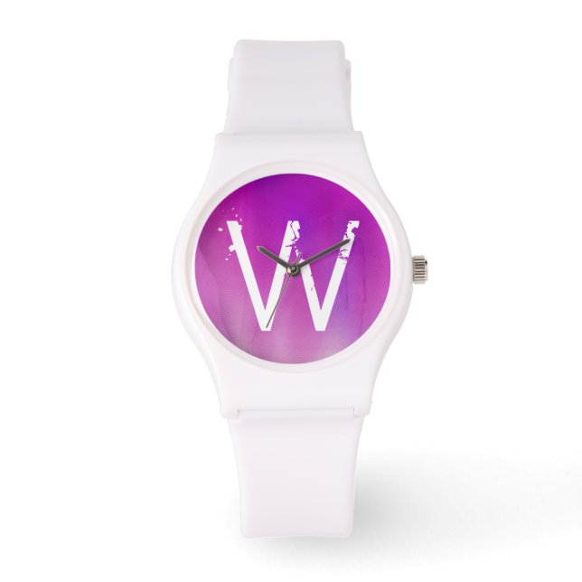 Pink Watercolor Ombre Monogram Armbanduhr (Vorderseite)